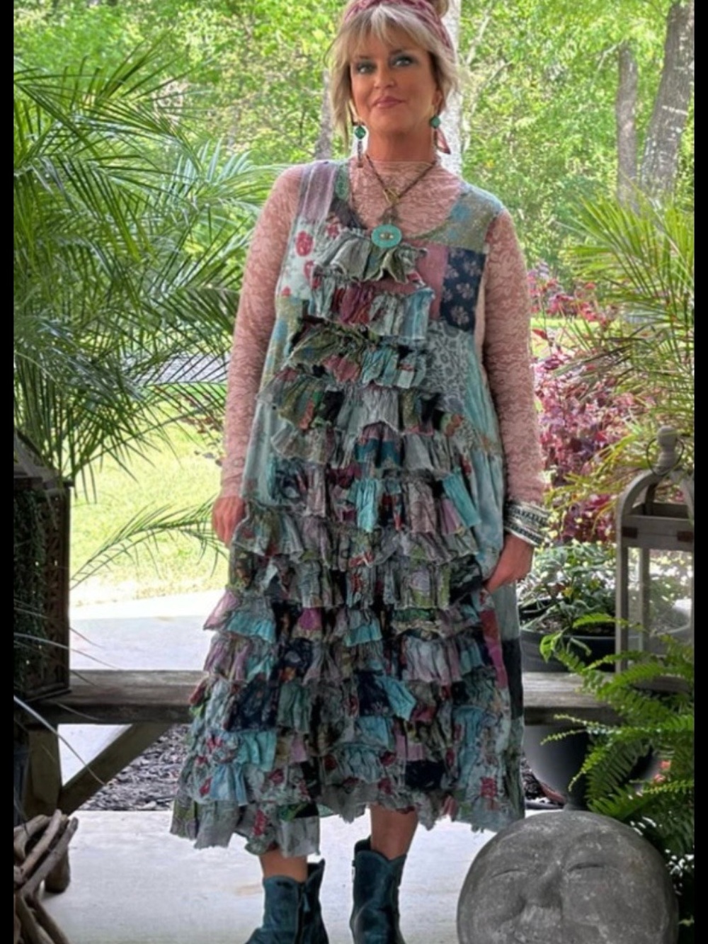 Boho Tiered Ruffle Midi Dress in Teal Mix